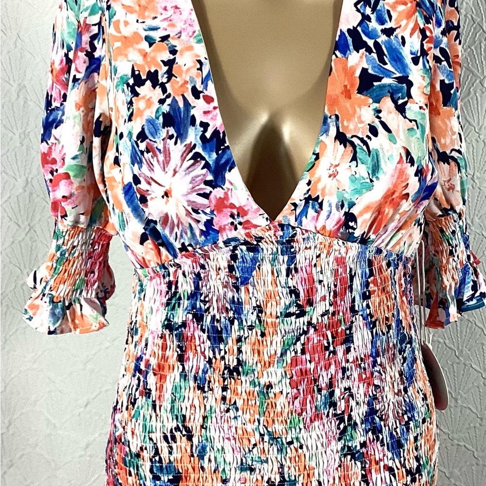 NWT Large Luxxel Multicolor Floral Midi Dress smocked body ruffle - Picture 6 of 16